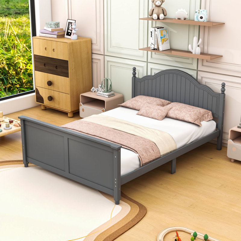 Lit plateforme en bois avec tête et pied de lit, Complète, gris