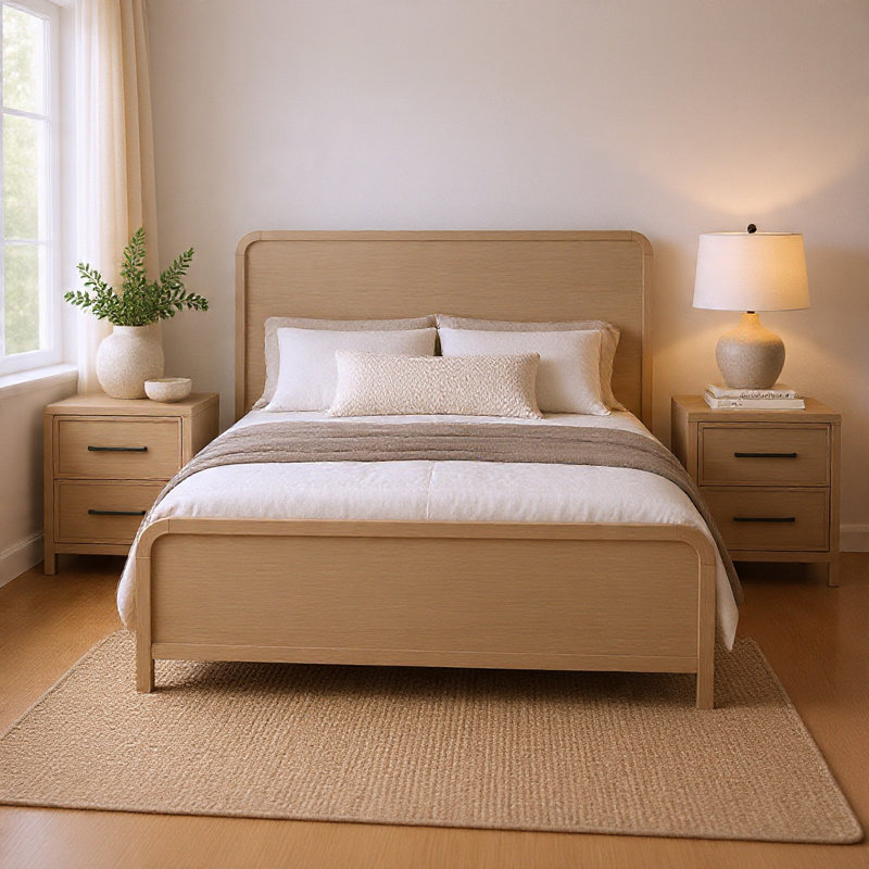 Ensemble de chambre à coucher grand lit, chêne brun naturel, bois brun, ensemble de 3 pièces avec 2 tables de chevet
