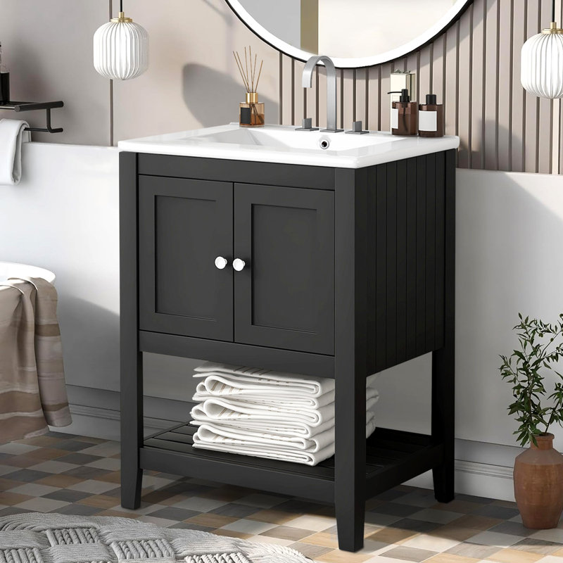 Meuble-lavabo moderne 24 po avec lavabo en céramique, Noir / argenté