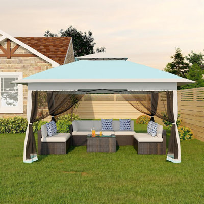 Immediate Canopy Tent 13x13FT with Mosquito Netting, UPF 50+ Waterproof Outdoor Canopy, Portable One-Push Retractable Shade Pergola, Wheeled Carry Bag, for Patio, Backyard, Camping - Light Blue + Light Gray