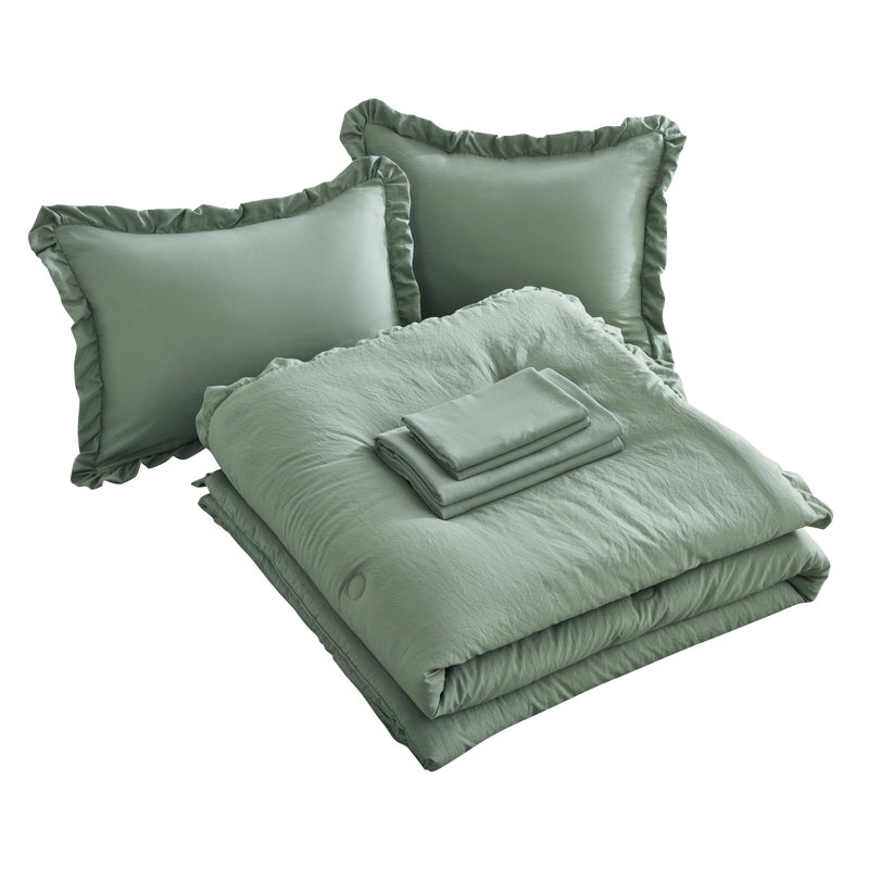 Ruffled Edge Microfiber Bed in a Bag Comforter Set, King Comforter + 6 Additional Pieces, Sage