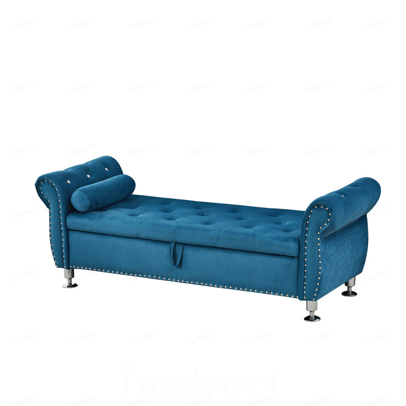Banc de rangement en velours doux avec boutons en cristal et 1 coussin, pour chambre et salon, Bleu