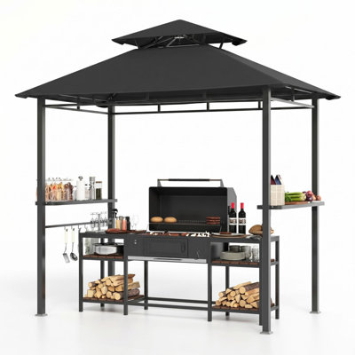 Pavillon de jardin 8 pi x 5 pi avec toit ventilé à deux niveaux et deux tablettes latérales pour le barbecue, la cuisine de patio et le divertissement dans la cour