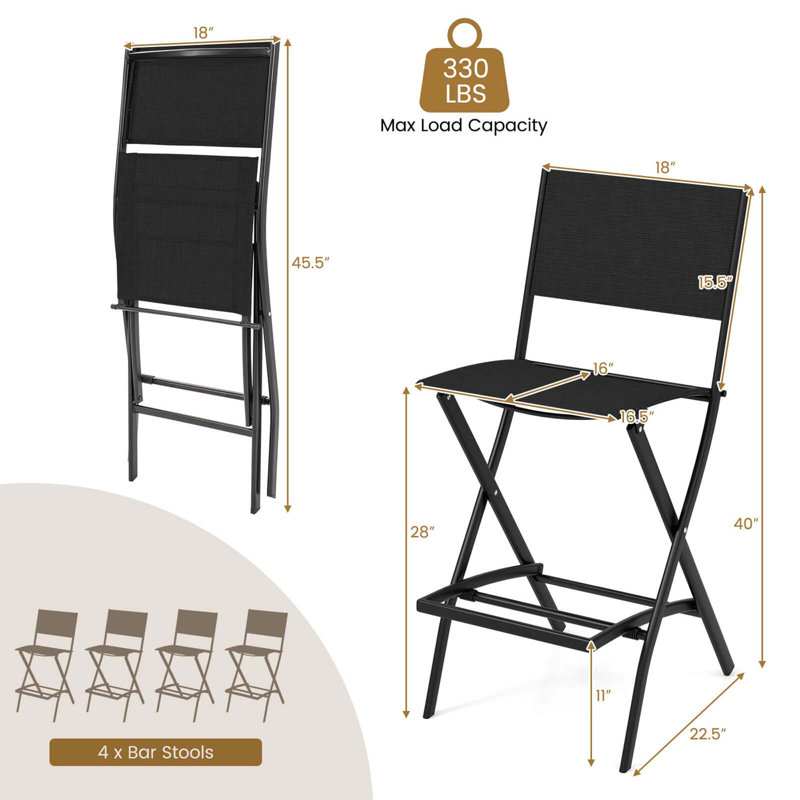 Tabouret de bar pliant d'extérieur avec cadre en métal noir, 4