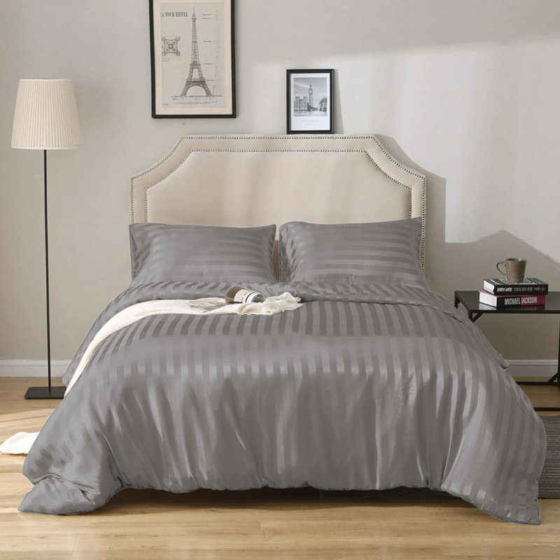 Imperial Homeware London Microfiber Striped Duvet Cover Set with Pillowcases, Silver