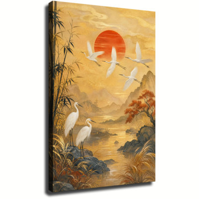 White Crane Bamboo Golden Oriental Landscape Print Canvas Wall Art Red Sun Mountain River Asian Traditional Vintage Wall Decor for Living Room Entryway Tea Room