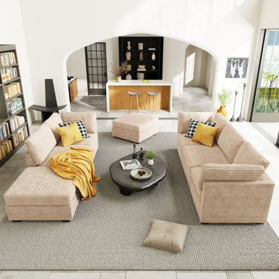 7-Piece Living Room Sofa Set, Modern Plush Corduroy Couch Set With Ottomans, Modular Design For Versatile Seating