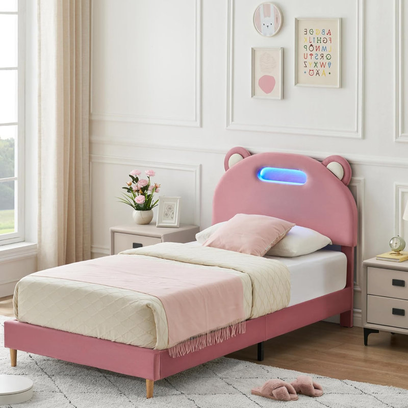 Structure de lit simple tapissier avec tête de lit, support de lattes en bois robuste, aucun sommier requis, silencieux, assemblage facile, rose