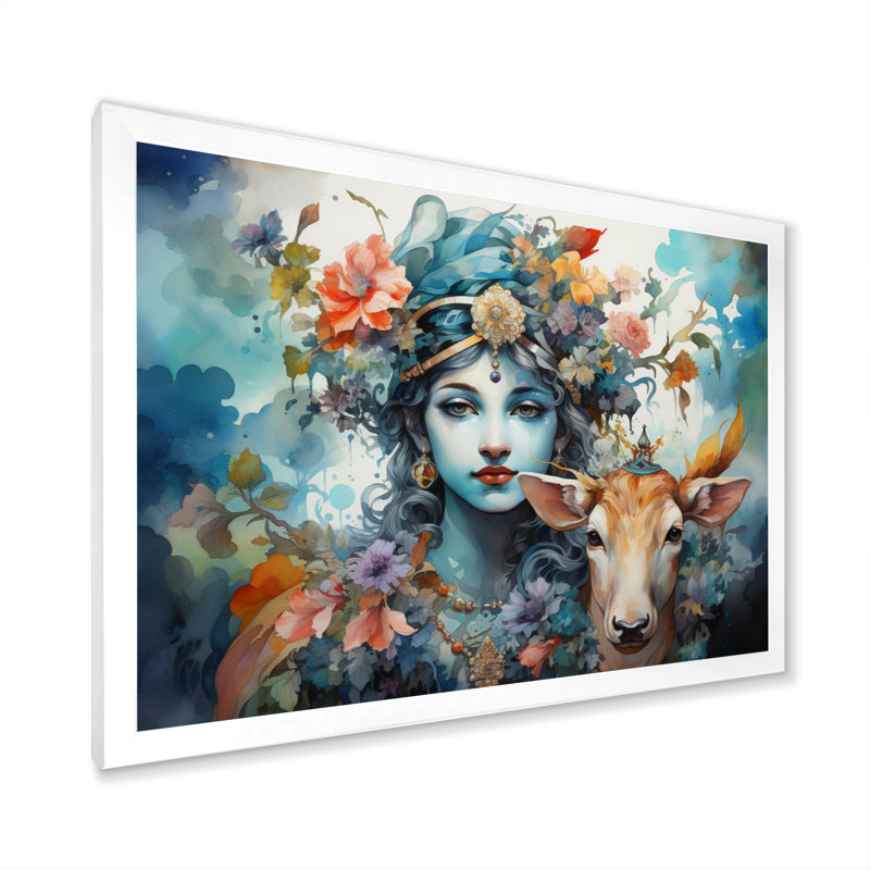 «Hinduisim Art Vrindavans Playful II» - Art mural de l'hindouisme, H 34 po x l 44 po x P 1,5 po, Cadre simple blanc