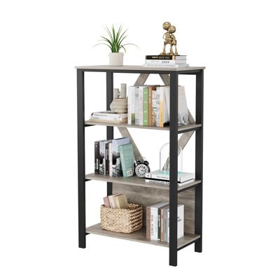 Bibliothèque, bibliothèque à 4 niveaux avec lumières DEL réglables, tablette ouverte avec structure en métal robuste, bibliothèque industrielle pour bureau, chambre à coucher, gris, 31,5 po x 15,8 po x 50,4 po