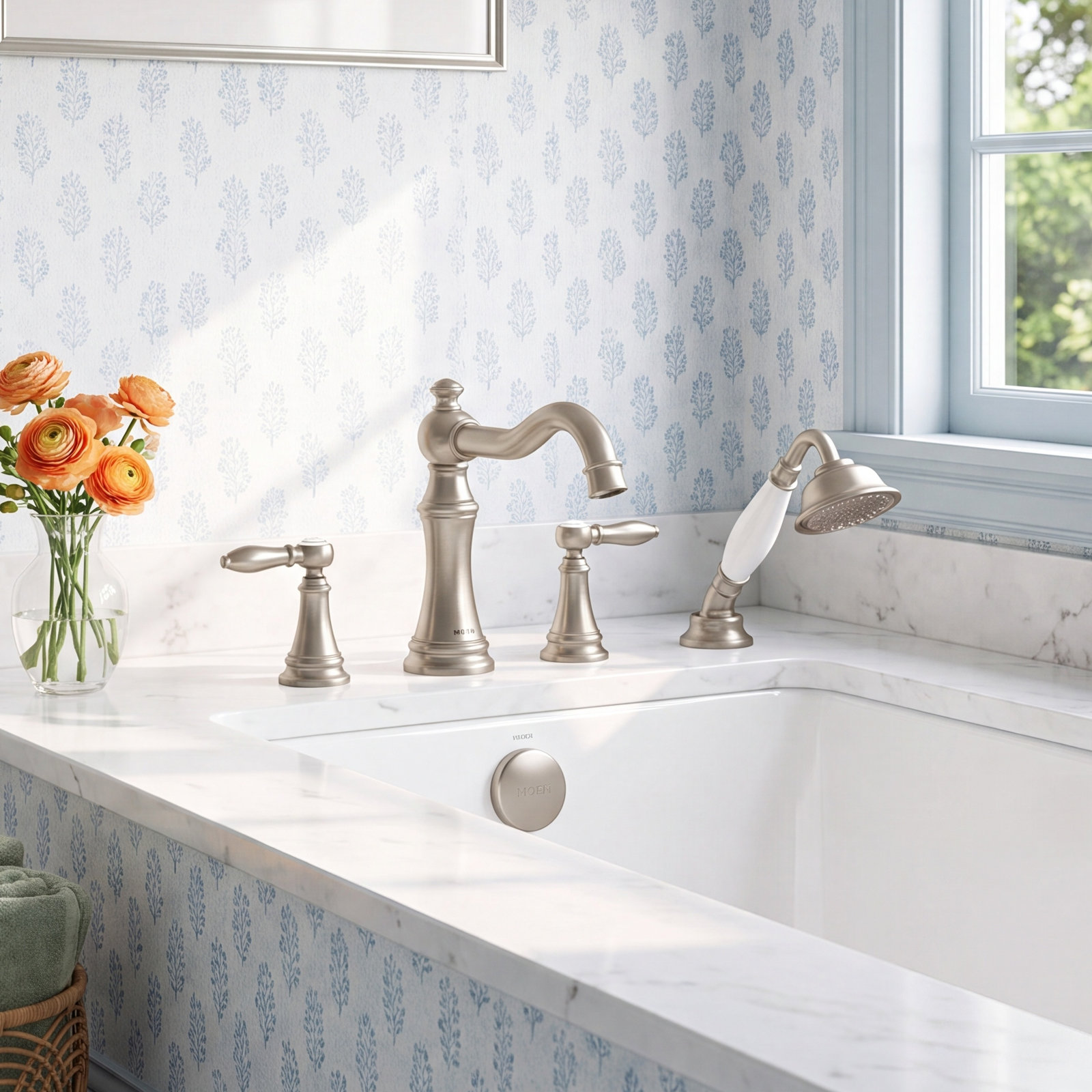 Weymouth Deck Roman Tub Faucet with Handshower, Brushed Nickel