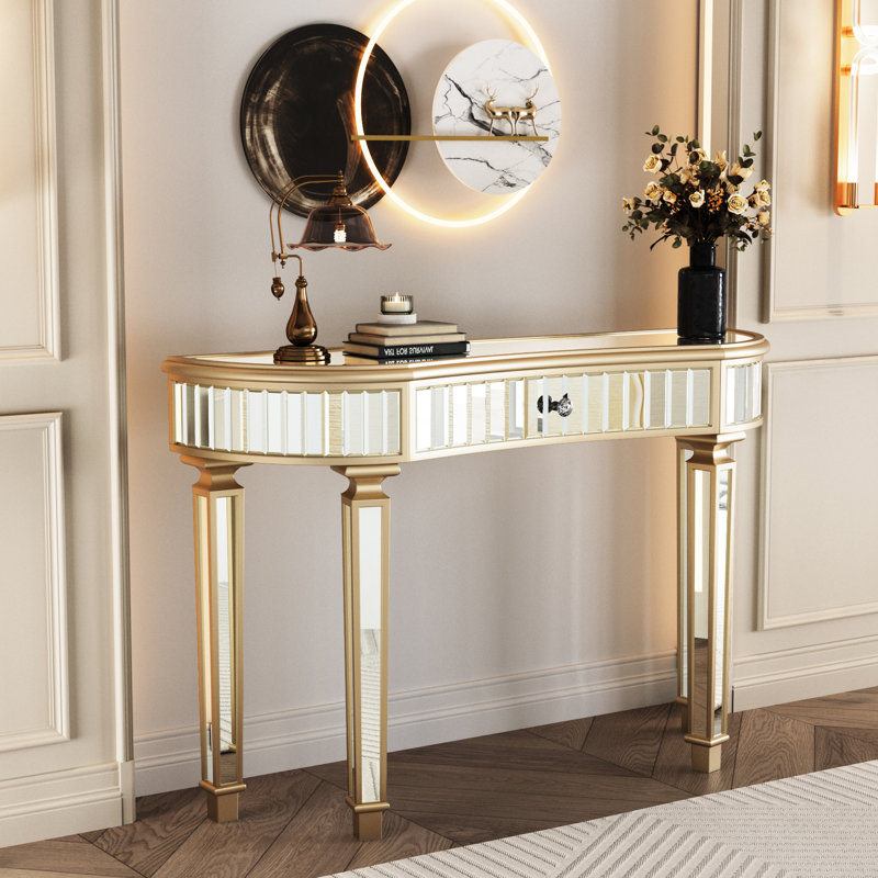 Console 47 po à miroir avec tiroir en verre cannelé et cristal, doré ou argenté, utilisé dans la chambre à coucher, le vestibule, la base en bois franc, le bouton de meuble-lavabo semi-circulaire de style argent doré