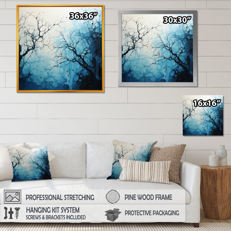 Minimalisme arbre bleu paysage V sur toile, H 16 po x l 16 po x P 1 po, Cadre flottant noir