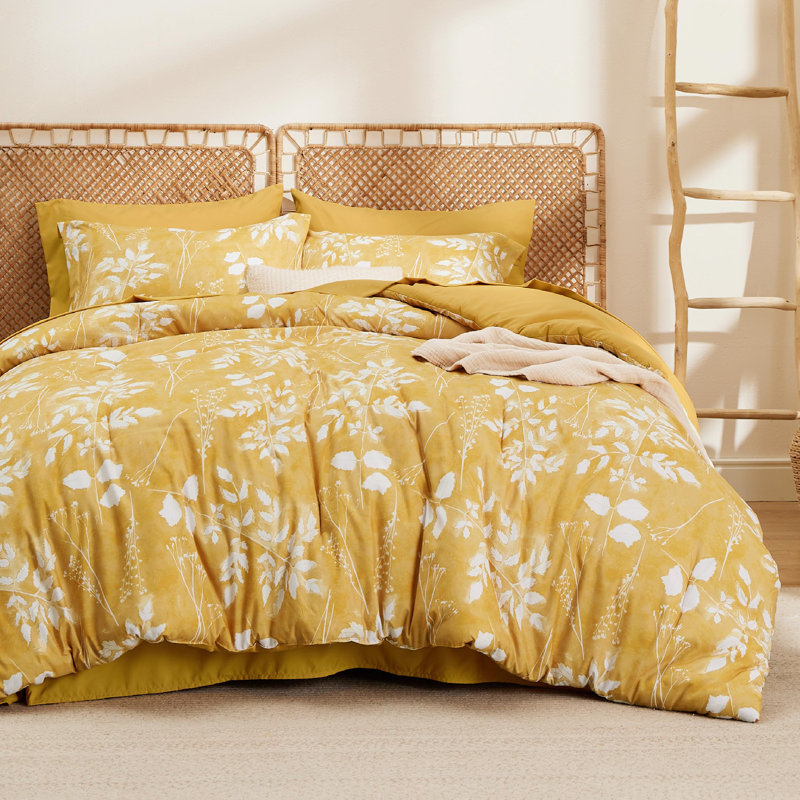 Bedsure Bed in a Bag - Reversible Floral & Plant Pattern Printed with Comforters, Sheets, Pillowcases & Shams, 89GSM, Yellow