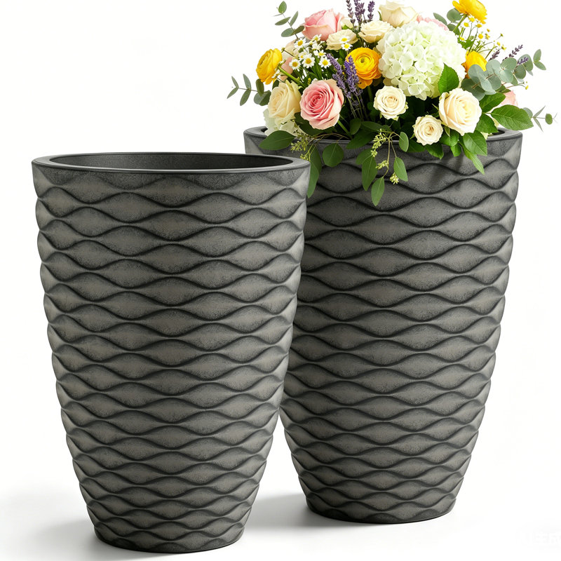 19" Mediterranean Tall Round Planters, Weather-Resistant Handcrafted Large Taper Flower Pots