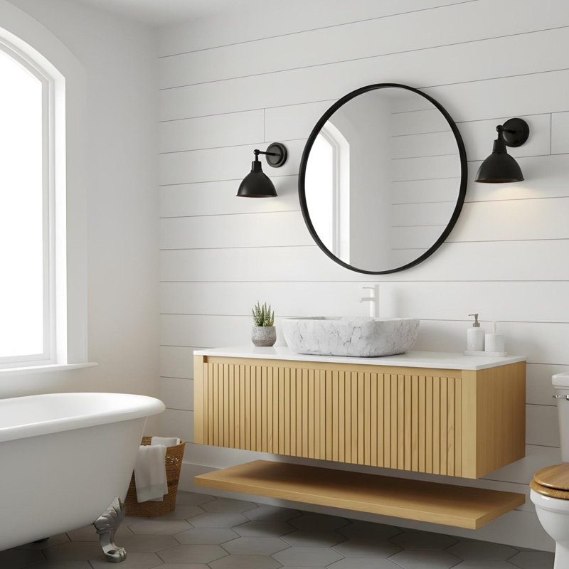 Ensemble de meuble-lavabo mural 48 po avec tiroirs et tablettes ouvertes