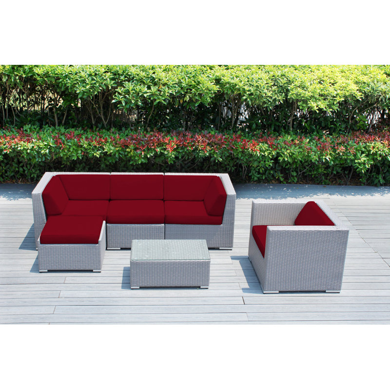 Ensemble de conversation en osier pour 5 personnes avec coussins Lumini, Toile Sunbrella® rouge Jockey