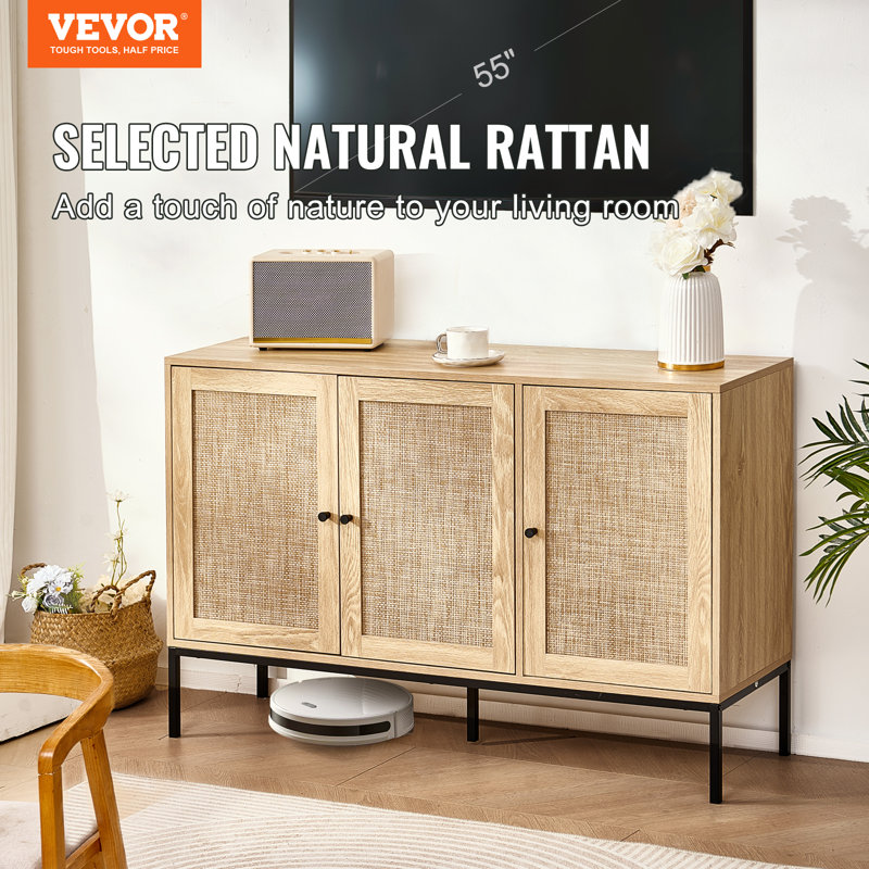 Natural Rattan Cabinet with Adjustable Shelves and Black Legs