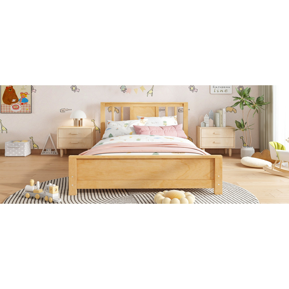 Gracie Oaks Twin Size Platform Bed Frame With Headboard, Solid Wood Low ...