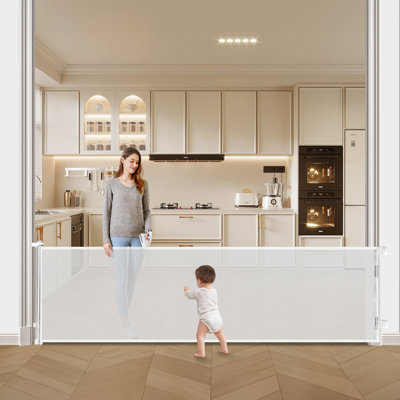 197 Inch Extra Wide Retractable Baby Gate,mesh Large Baby Gate Or Mesh Pet Dog Gate, Opening Wide Extra Long Child Safety Gate For Indoor, Outdoor, Stairs, Deck(33"x197")