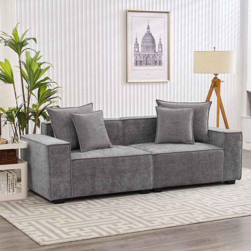 Makassar 89.37'' Sofa with Square Armrests, Gray Chenille