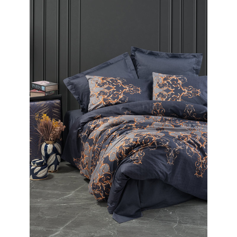Luxurious Satin Queen Quilt Cover Set, Gold | 100% Cotton Satin, Duvet Cover 78.7 x 86.6 in, Flat Sheet 94.5 x 102.4 in, 2 Pillowcases 19.7 x 27.6 in, Machine Washable, Elegant Reactive Printing, Stylish & Comfortable Bedding