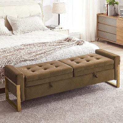 Drewes 66'' W Upholstered Storage Bench for Bedroom End of Bed King Size with Button-Tufted and Metal Gold Legs