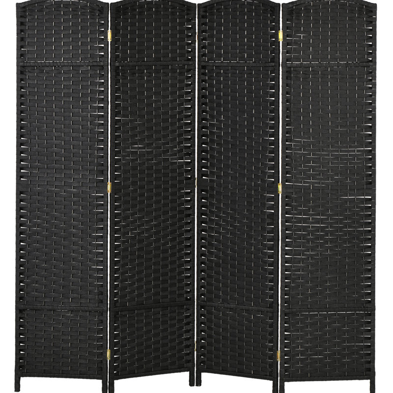 4 Panel Privacy Screen, 5.6' Tall Folding Room Divider For Bedroom/Home Office. Black With Hand-Woven Pattern & Arched Top. Versatile Partition And Style. Wood Frame, Polypropylene Webbing.