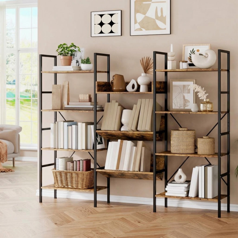 Triple Wide 4-Tier Industrial Bookshelf, 11 Adjustable Open Display Shelves, Large Rustic Bookcase with Metal Frame, Storage Organizer for Living Room Home Office, Brown