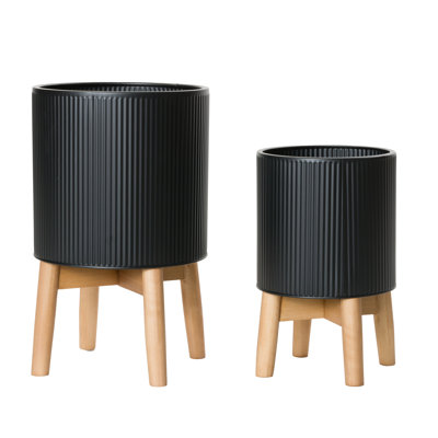 Rinesha Mid Century Modern Indoor Metal Pot Planter 4-Leg Wood Base - Set