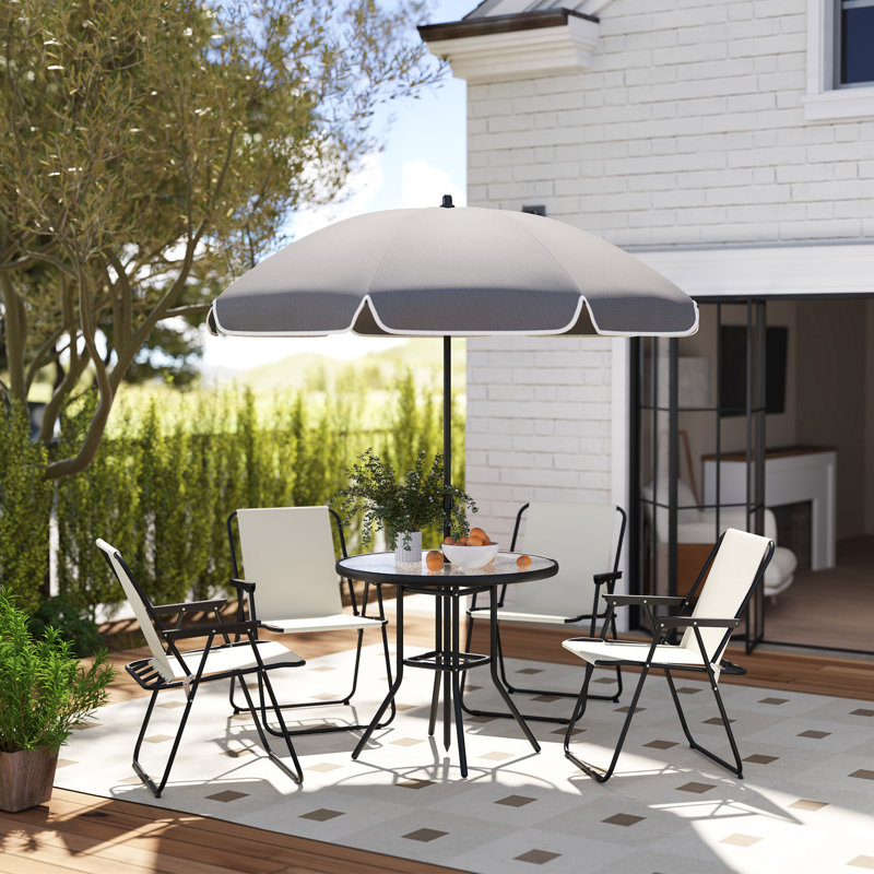 4 Seater Garden Furniture Set Parasol Folding Chairs, Black/Clear/Cream