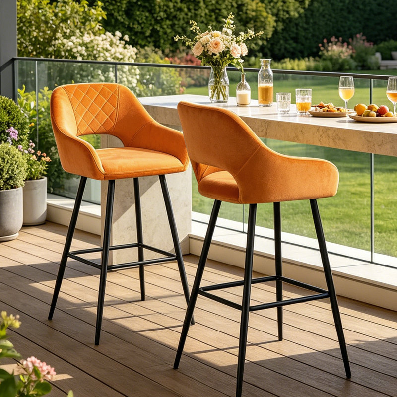 Velvet Upholstered Bar Stools with Armrests, Orange