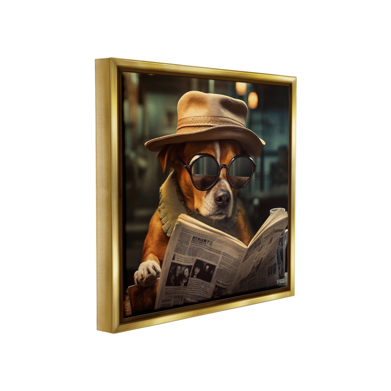 "Dog lecture journal" par RB sur toile, Cadre flottant métallique doré, H 18 po x l 18 po