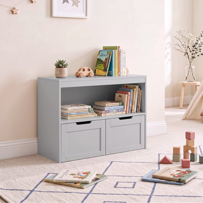 Kids Storage Cabinet with Open Compartment and 2 Pull-Out Drawers, Wooden Toy Organizer Bookcase, Freestanding Children Storage Chest for Nursery, Playroom, Kids Bedroom