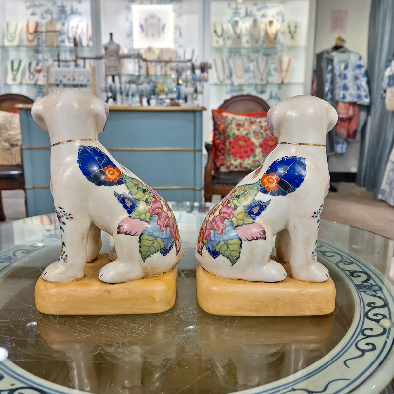 Tobacco Leaf Porcelain Dog Figurines Pair