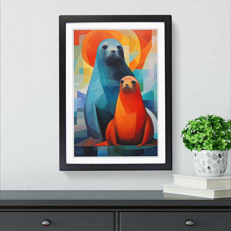 Seal Cubism - Single Picture Frame Print on Wood, 46cm H x 34cm W x 2cm D, Black