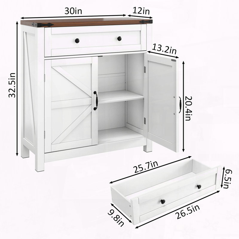 Farmhouse Storage Cabinet with Drawer, Adjustable Shelf, and Walnut Countertop