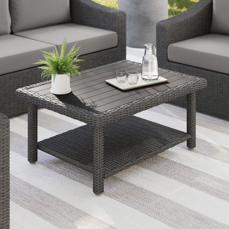 Martha Stewart Bedford Outdoor Rattan Wicker Patio Coffee Table With Engineered Wood Top, Gray