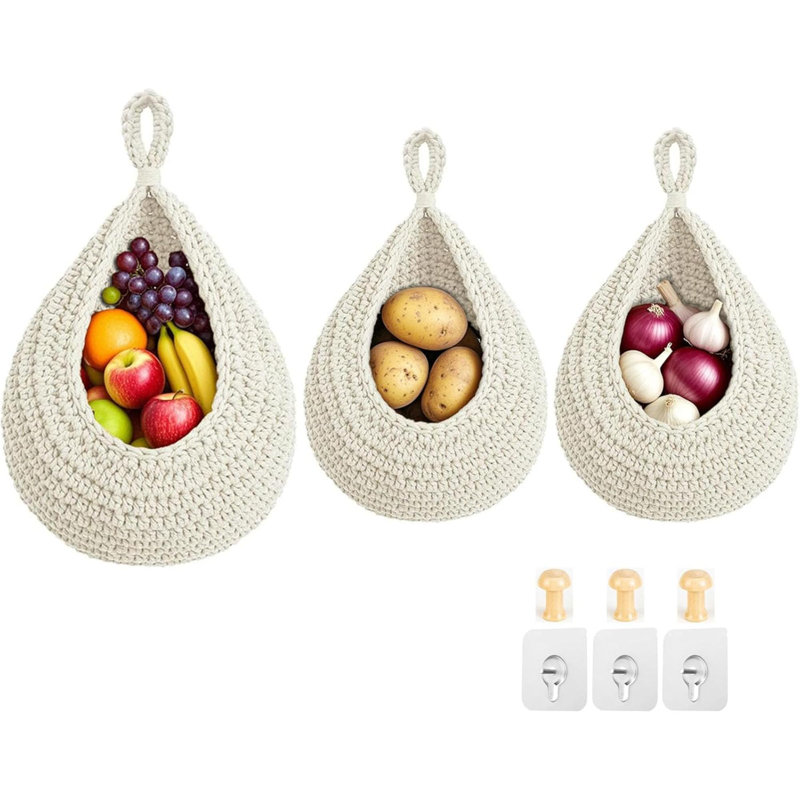 Paniers à fruits suspendus pour la cuisine, paquet de 3 panier de rangement mural en coton tissé à la main Boho, Blanc