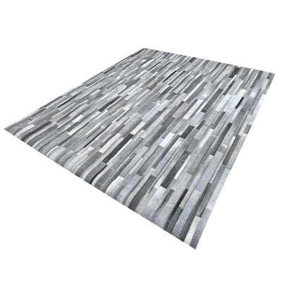 Grey Beige Patchwork Leather Cowhide Area Rug 8x10 Feet Handmade Geometric Modern Rectangular Natural Hide