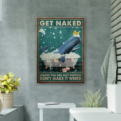 Sperm Whale With Rubber Duck In Bath - Get Naked Gallery Wrapped Canvas - Bath And Laundry Animal Illustration Decor, Blue And White Bathroom Decor