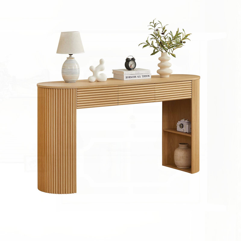 Nara Modern Japandi MDF Console Table With 3 Drawers, Fluted Detail, And Open Storage Niche, Natural