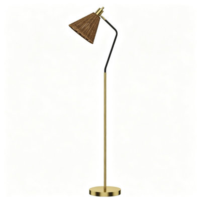 Lampadaire arqué bohème en rotin de 157 cm (62 po), tête orientable, fini laiton doré et abat-jour en rotin, idéal pour le salon, la chambre ou le bureau. Ampoules non incluses.