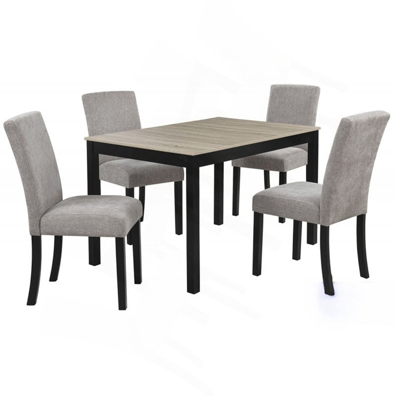 Ensemble de salle à manger noir / naturel en bois 5 pièces, table de salle à manger 48 pouces avec chaises d'appoint rembourrées en tissu gris 4 pièces, ensemble de salle à manger moderne