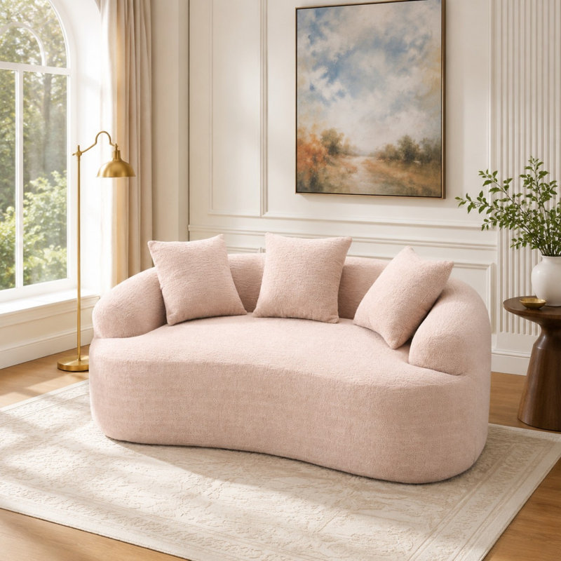 Causeuse incurvée de 65 pouces en chenille, canapé à compression 2 places avec support à ressorts et 3 coussins décoratifs, aucun assemblage requis
