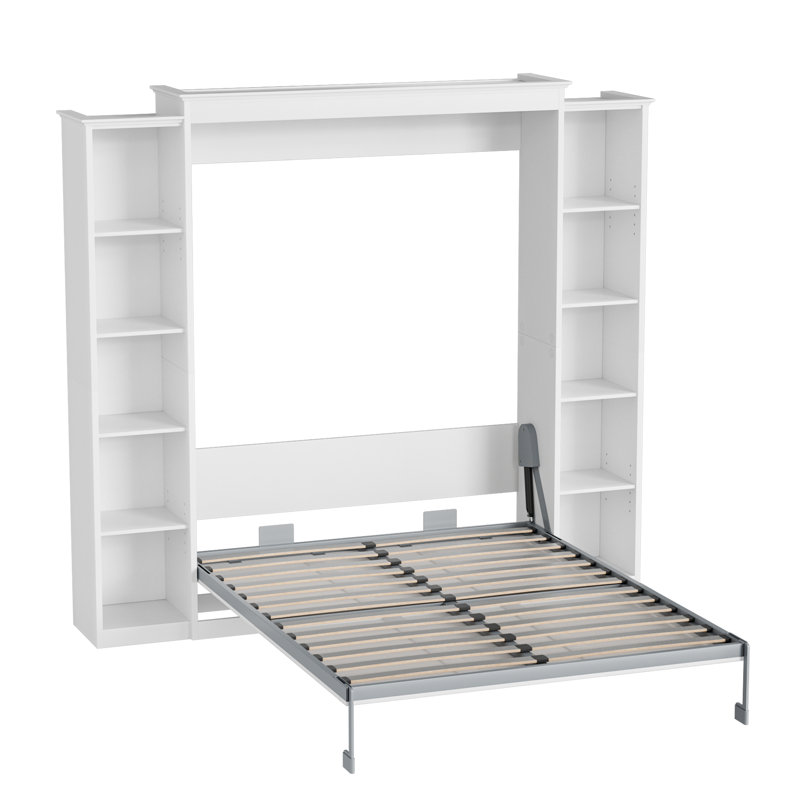 Lit escamotable Murphy avec tablettes de rangement, Blanc, Lit double