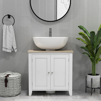 White Under Sink Bathroom Closet - U-Shape, Adjustable Shelf, Material Cabinet 23.5" D,