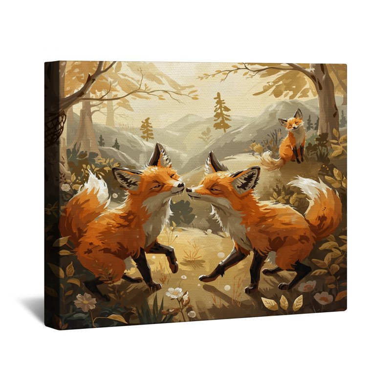 Foxes In Forest Scene, toile tendue en plusieurs tailles, 24 po x 36 po