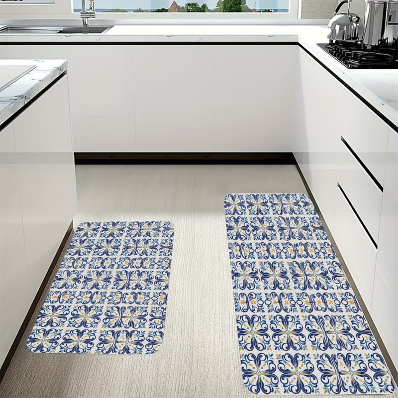 Tapis de cuisine marocain bleu et blanc 2 pièces