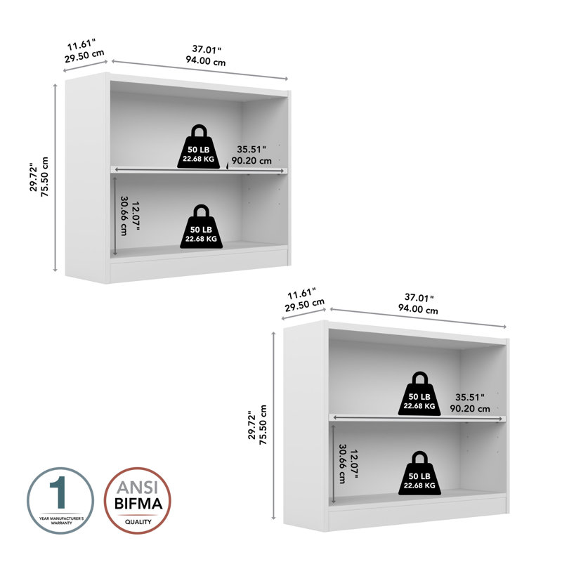 Ensemble de petite bibliothèque à deux tablettes Paulica pour le rangement dans le bureau personnel ou le salon, Blanc pur